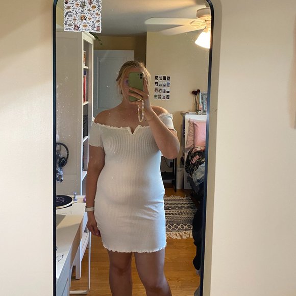 SHEIN Off Shoulder Notched Neck Lettuce Trim Dress - Picture 2 of 2